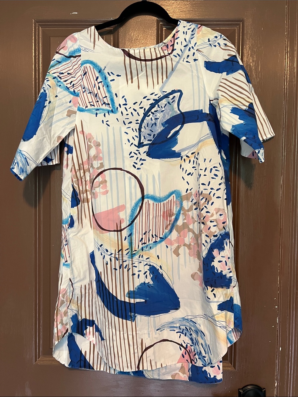 COS White Tunic with Blue, Pink & Tan Abstract Print